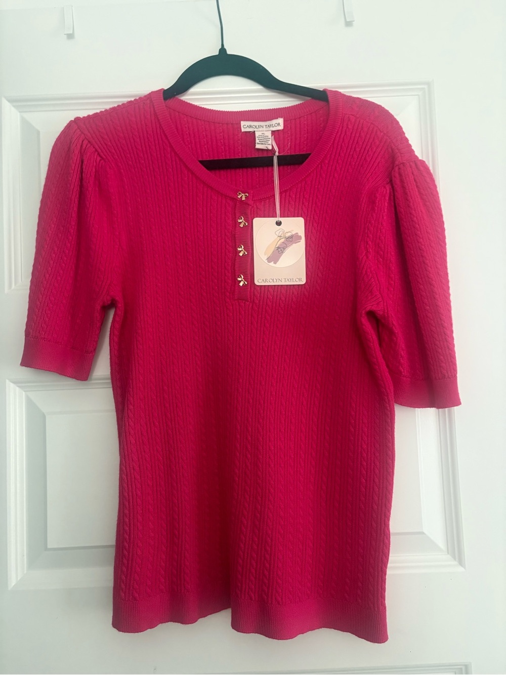 Carolyn Taylor Hot Pink Short-Sleeve Knit Top with Decorative Buttons